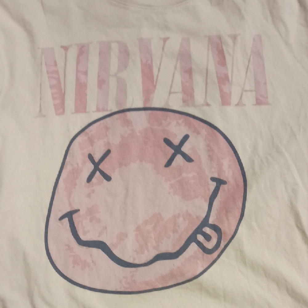 American Eagle Outfitters White Tee with Pink Nirvana Smile Graphic